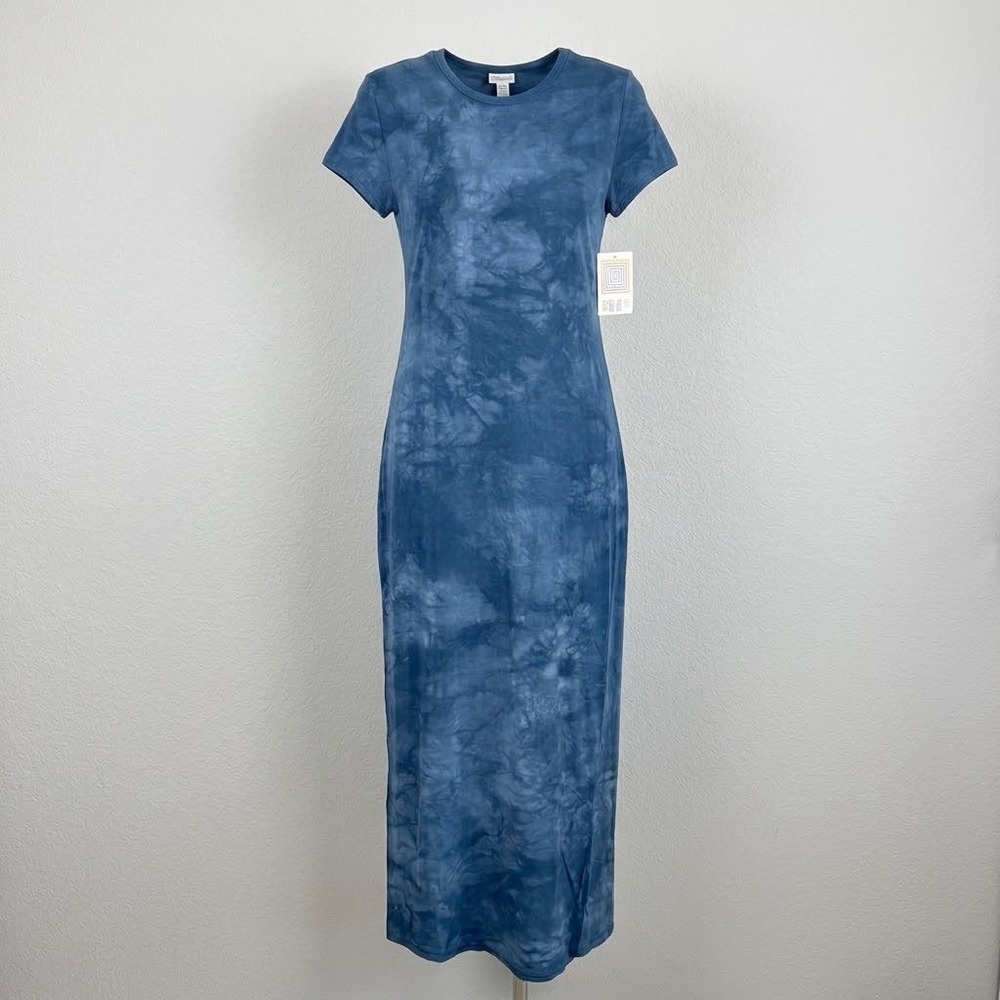 LuLaRoe Maria Maxi Dress XXS Blue Tie Dye Short Sleeve Cotton Spandex New